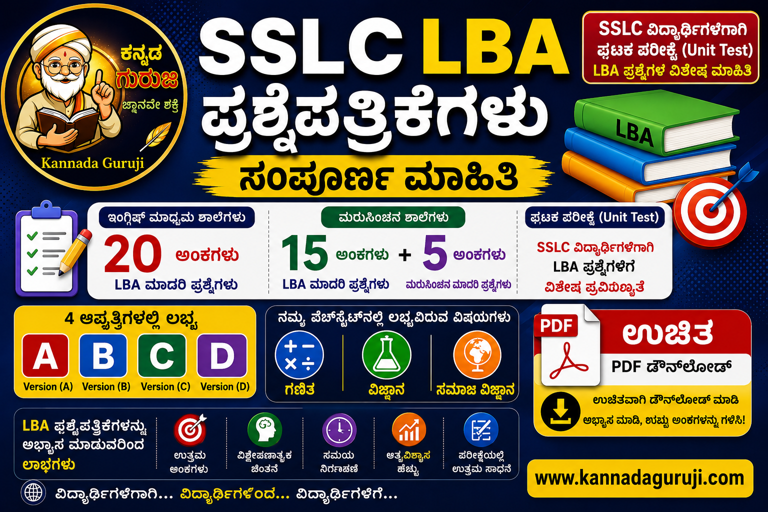 Karnataka SSLC LBA Test Papers Both Kannada and English Medium 2026 PDF Download | Version A B C D | Mathematics, Science, Social Science